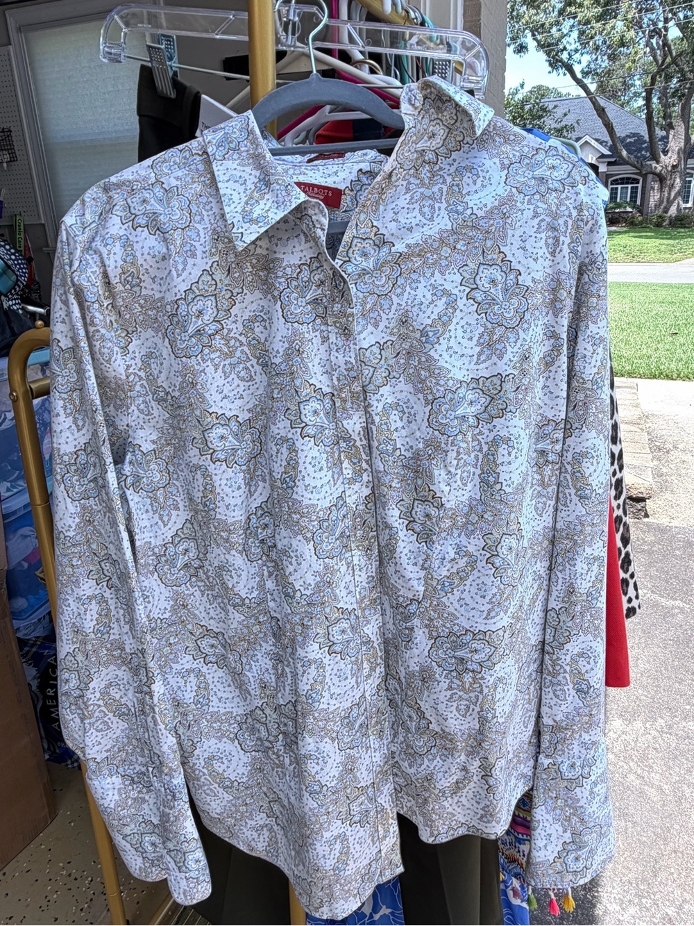 Talbots Paisley Button-Down Shirt in White, Beige, Light Blue